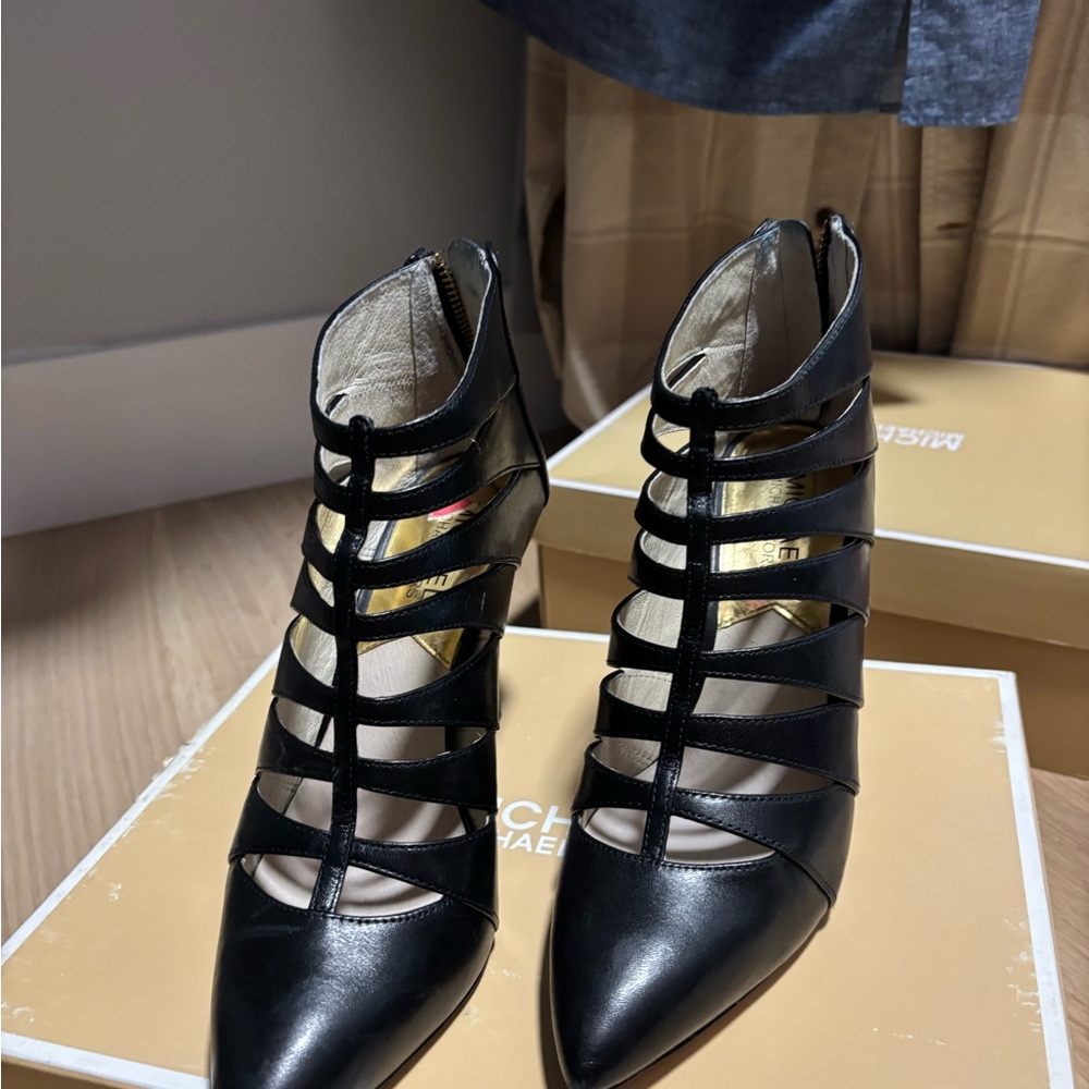 Michael Kors Black Heeled Boots with Strappy Design